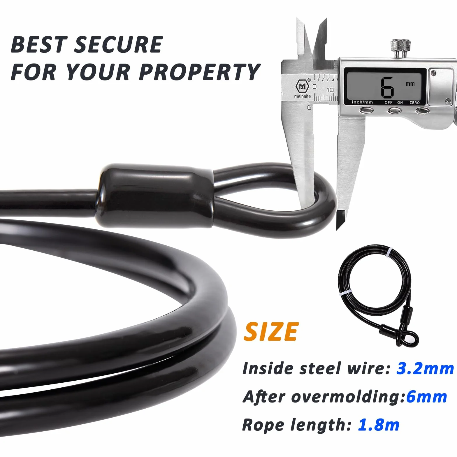 Cavo Antifurto per Biciclette 1.8M 6mm Acciaio PVC Nero