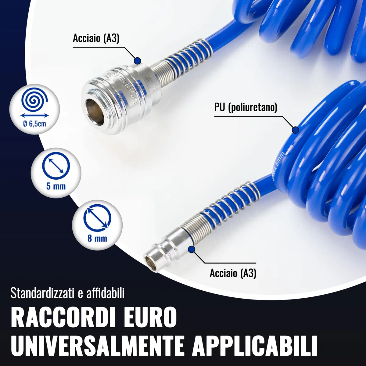 Poppstar Tubo flessibile per aria compressa a spirale 5m in PU (diametro 5 mm x 8 mm) Tubo a spirale per aria compressa con protezione anti-piegatura e raccordo rapido NW 7.2