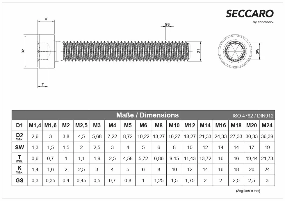 SECCARO Vite a testa cilindrica M2 x 25 mm, acciaio inox V2A VA A2, DIN 912 / ISO 4762, esagono interno, filettatura piena, 20 pezzi