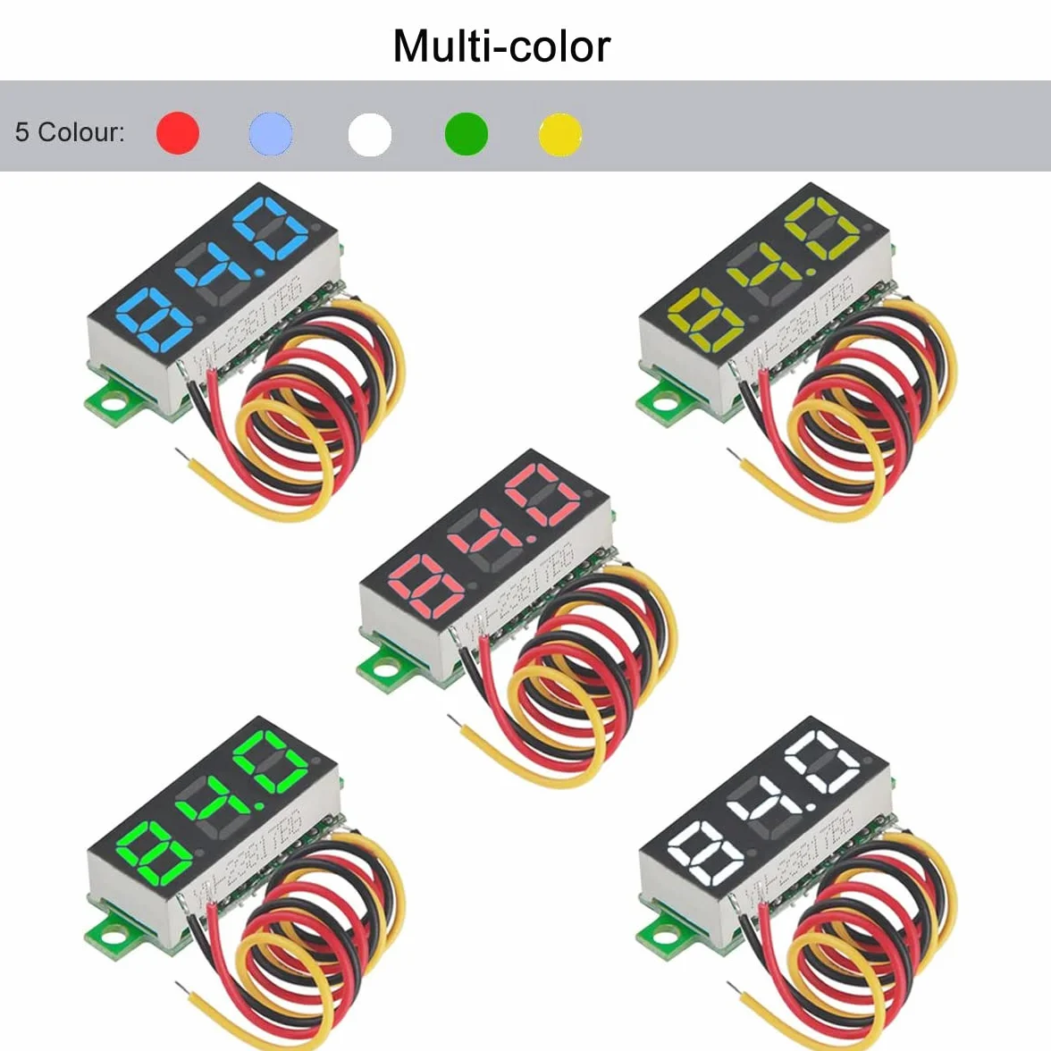Greluma 5 Pezzi Mini voltmetro DC digitale da 0,28 pollici, misuratore di tensione del voltmetro DC mini a tre fili 0V-100V - 5 colori