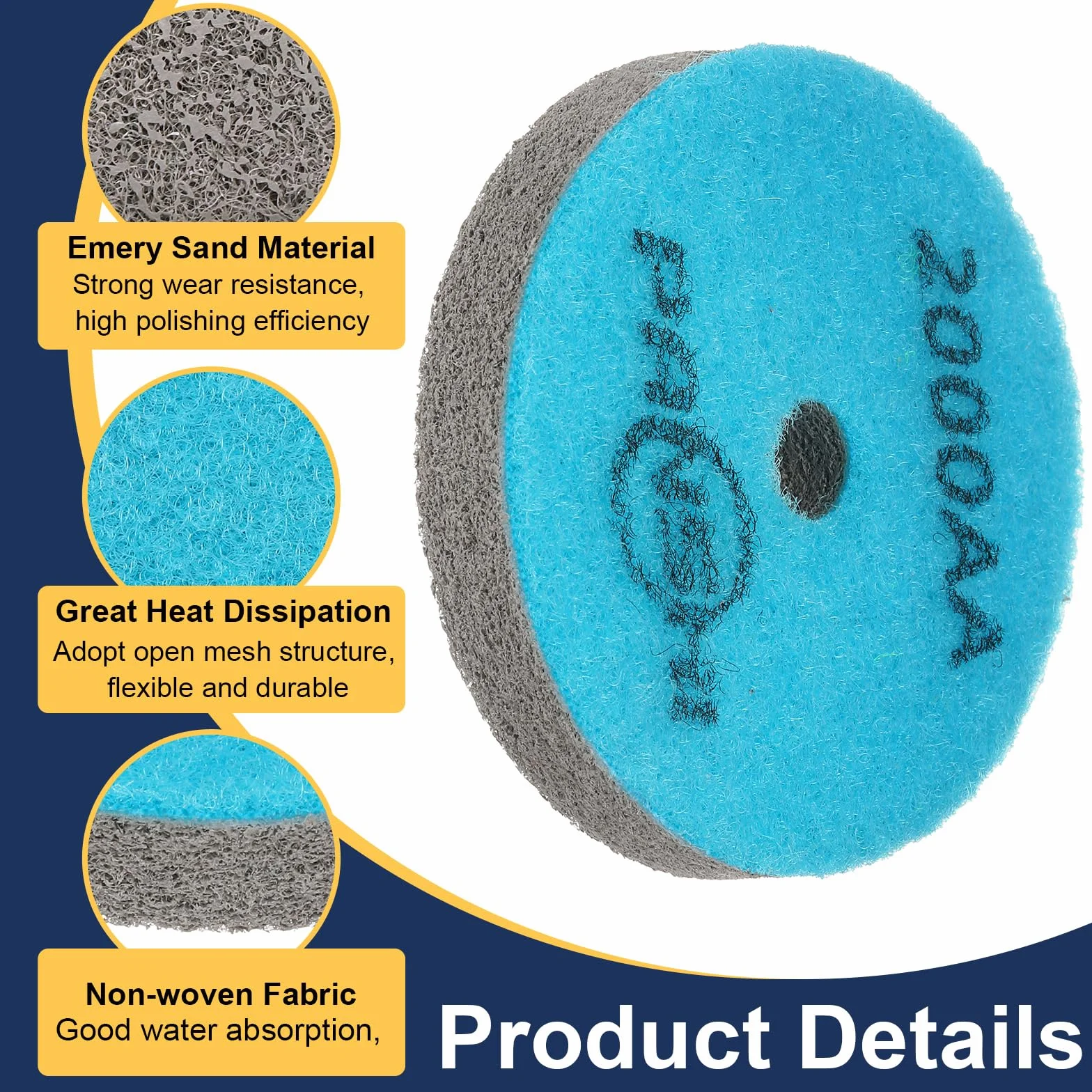 QUARKZMAN 2pcs Tamponi diamantati blu-grigi da 3" 2000 grani - Dischi spugna abrasivi in fibre con smeriglio per lucidatura a umido di marmo, cemento e pietra