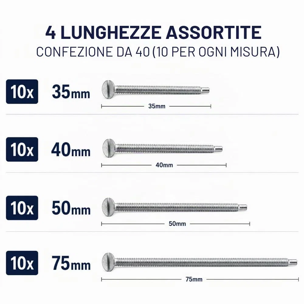 Set di 40 viti miste M3,5 da 35 mm, 40 mm, 50 mm e 75 mm di lunghezza, abbinate per interruttore e presa di corrente, zincate lucide, testa scanalata