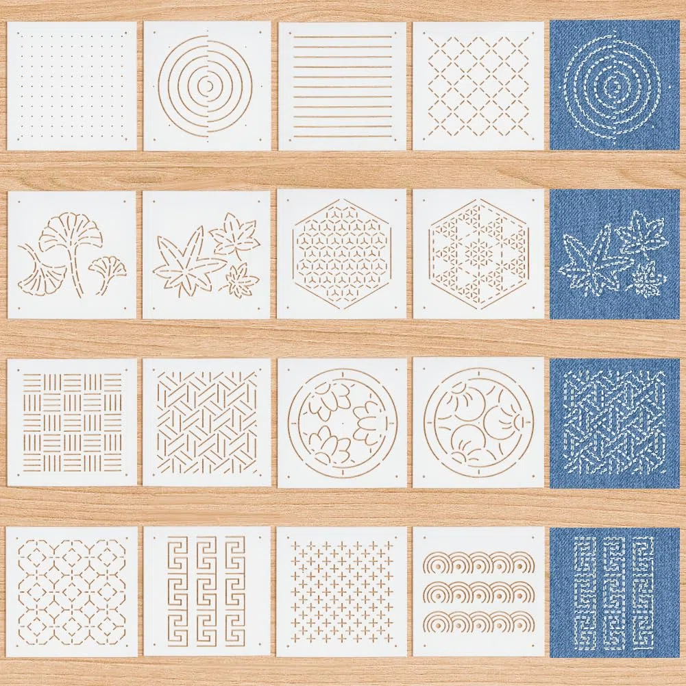 BENECREAT 16 pz. Stencil Sashiko In Plastica con Stili Misti, Strumento per Ricamo Da 13x13cm, Modello di Linea di Disegno per Trapuntatura A Mano e Ricamo, 0.3mm di Spessore