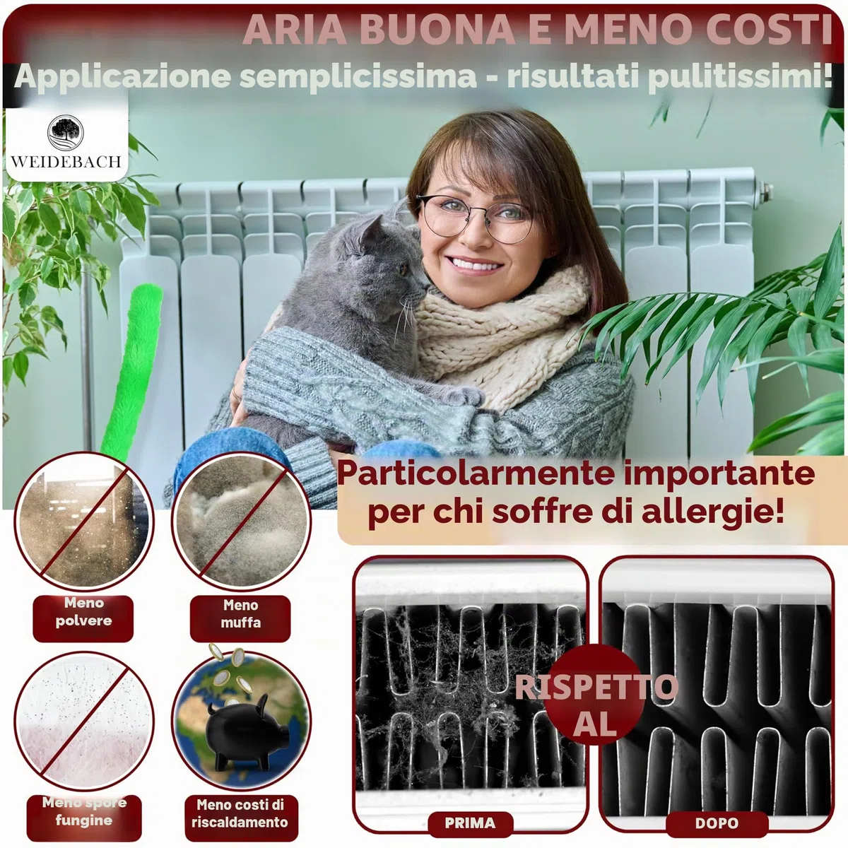 Weidebach Spazzola per radiatori V. 3.0, lunghezza totale 125 cm, spazzola in microfibra da 110 cm, per la pulizia del radiatore, senza peli di animali, spazzola per radiatori viene fornita in ogni