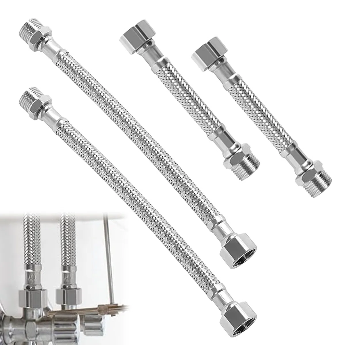 Set 4 Pezzi Tubo Flessibile Acciaio Inox,304,G3/8 (2x20cm + 2x10cm) per Cucina Bagno Giardino - Multiuso Rubinetto Lavatrice Miscelatore Collegamento Idrico