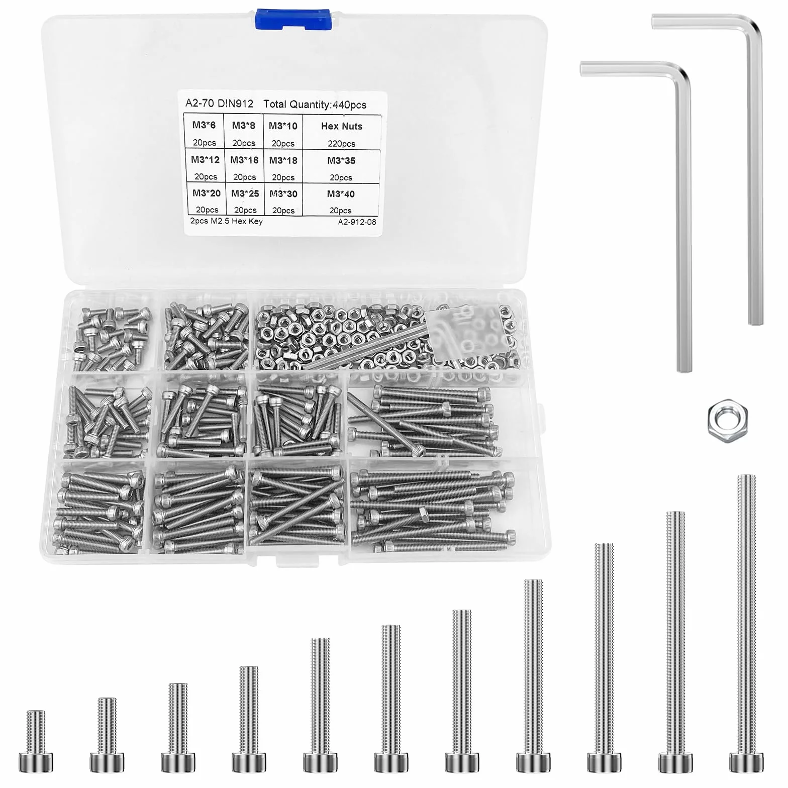 Traxenta Viti Acciaio Inossidabile(440Pcs), Bulloni e Dadi Inox Kit, M3 Senza Testa Filettate Esagonali, Set in Acciaio Miste, Bulloni per Mobili Garage Casa, Assortimenti per Riparare Il Fissaggio