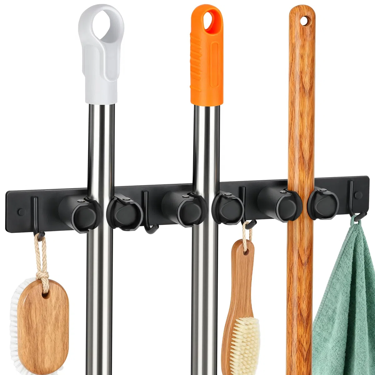 Alyvisun Porta Scope Parete 3 Slot e 4 Ganci, Portascope da Muro, Appendiscope da Muro con Clip in Silicone Antiscivolo per Casa, Garage e Giardino - Nero
