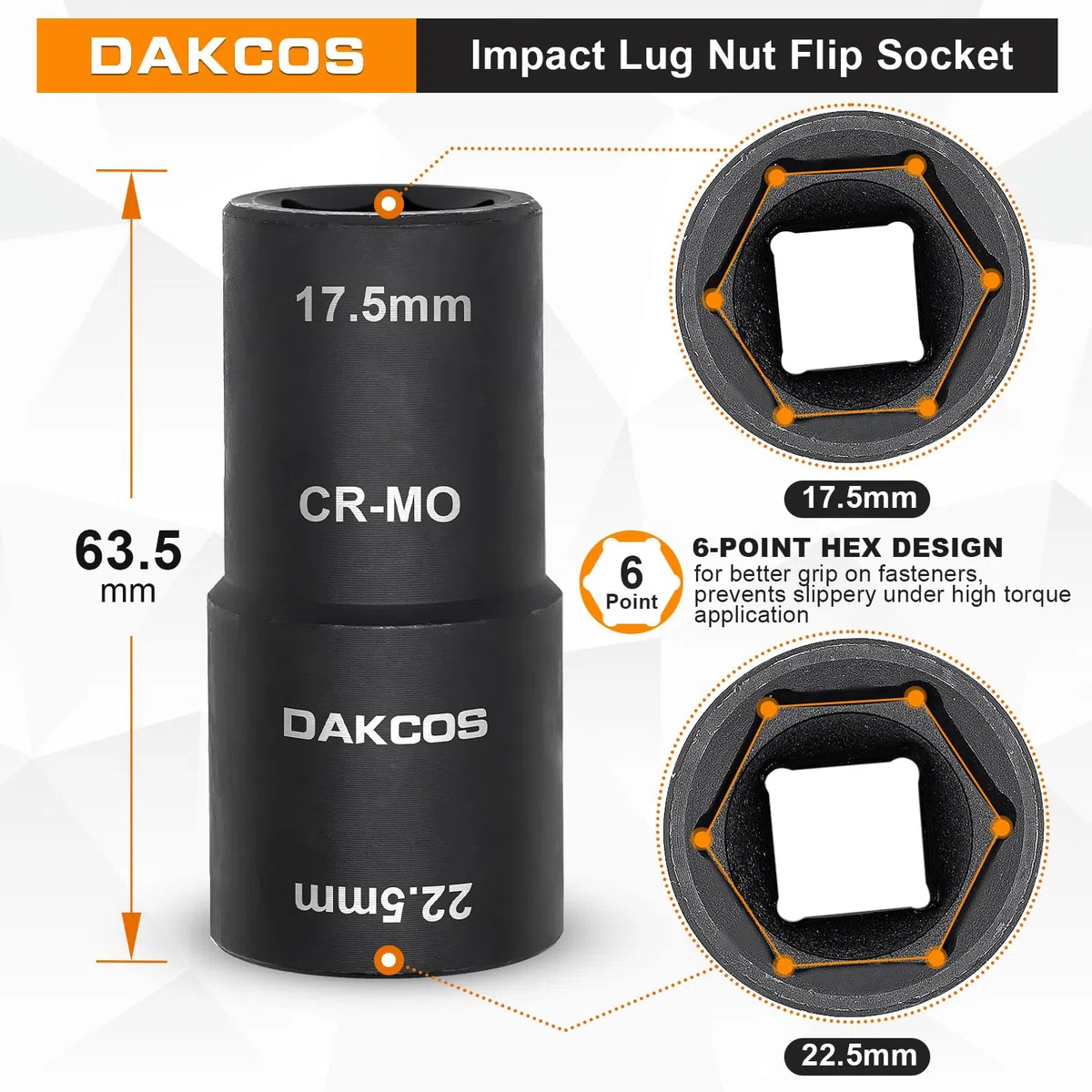 DAKCOS Chiave a bussola per dadi da 17,5 x 22,5 mm, per dadi ford, CR-MO, 1/2" per cerchioni in alluminio speciali per cambio ruota