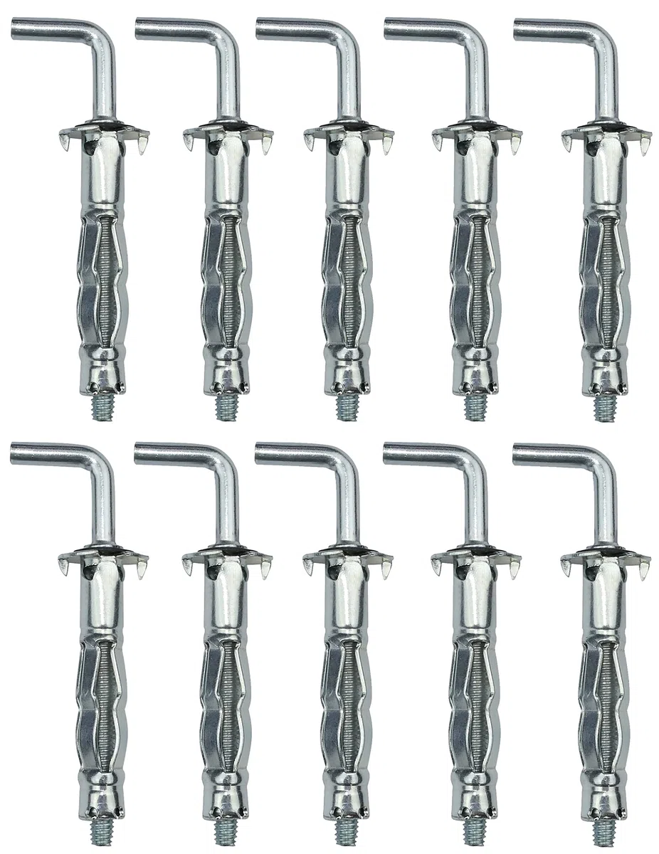AERZETIX - C57885 - Set di 10 - Tassello a espansione Ø8x38mm con gancio M4 a forma ''L'' - per cartongesso corpo cavo muro a secco - in acciaio - finitura zincata Cr3+