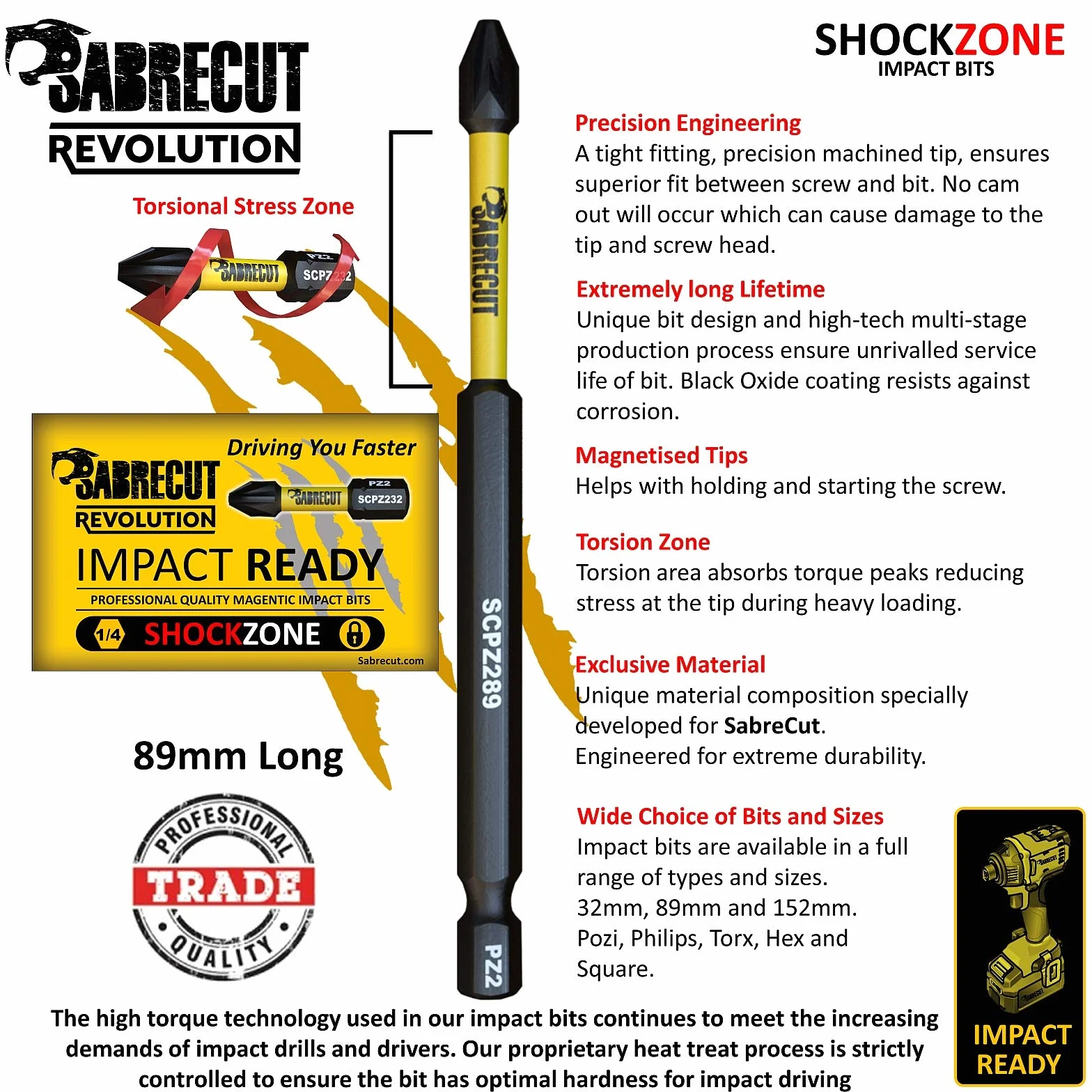5 x SabreCut SCPZ289_5 89 mm PZ2 Set di punte per cacciavite a impatto magnetico Pozi Pozidriv Heavy Duty compatibile con Dewalt Milwaukee Bosch Makita e altro