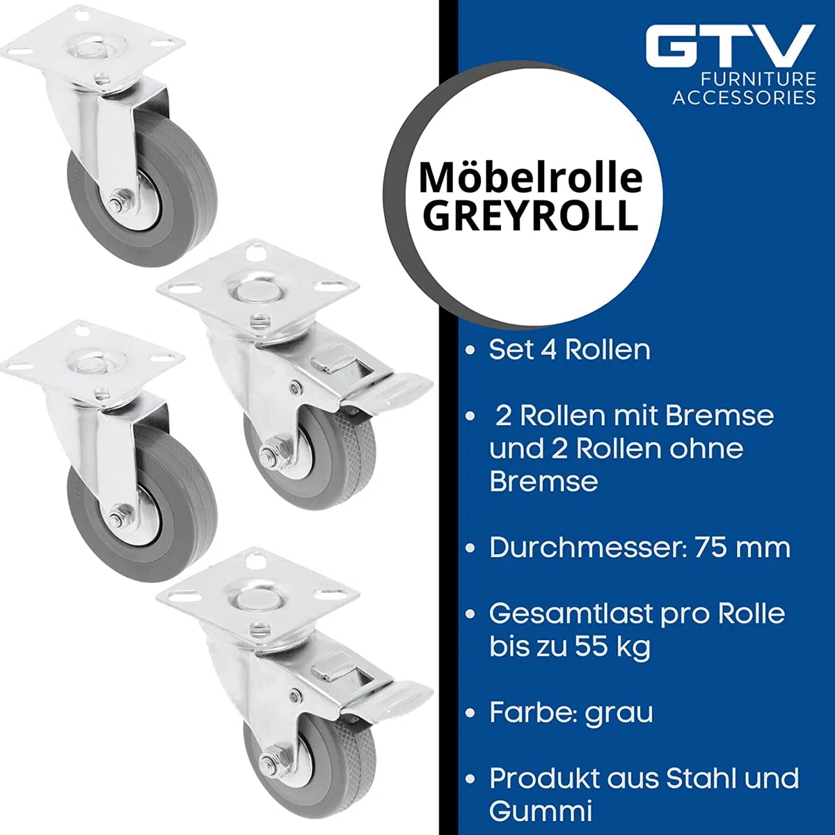 GTV - Set di 4 ruote girevoli per mobili Ø 75 mm, ruote mobili GREYROLL, grigio, 2 ruote con freno e 2 ruote senza freno, set KM-GREYROLL-75 mm