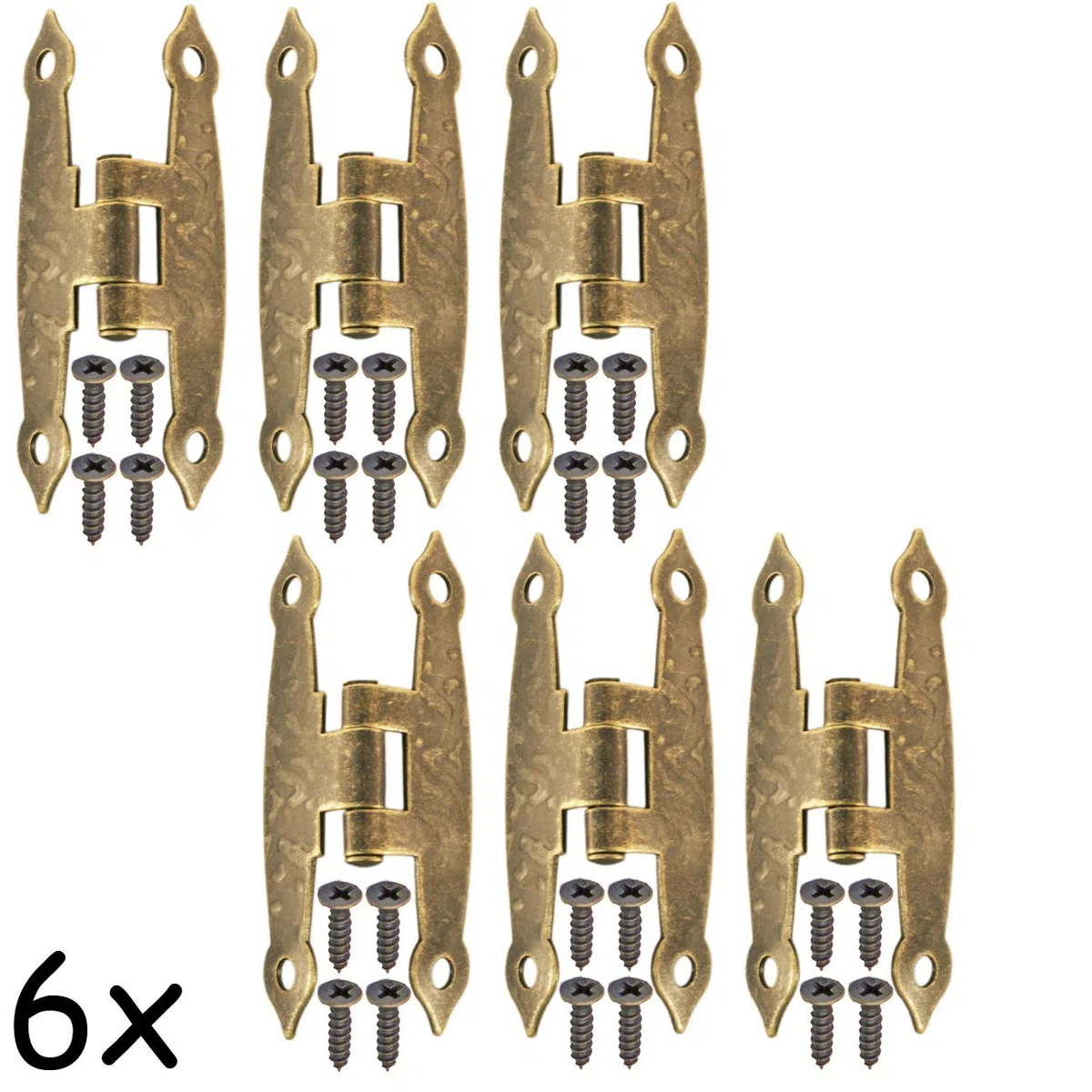 Fuxxer 6 x cerniere anticate, design in ferro e bronzo per armadi, ante, cassettiere, cassette, scatole, in stile vintage, rustico e retrò – 65 X 34 mm, set da 6 pezzi
