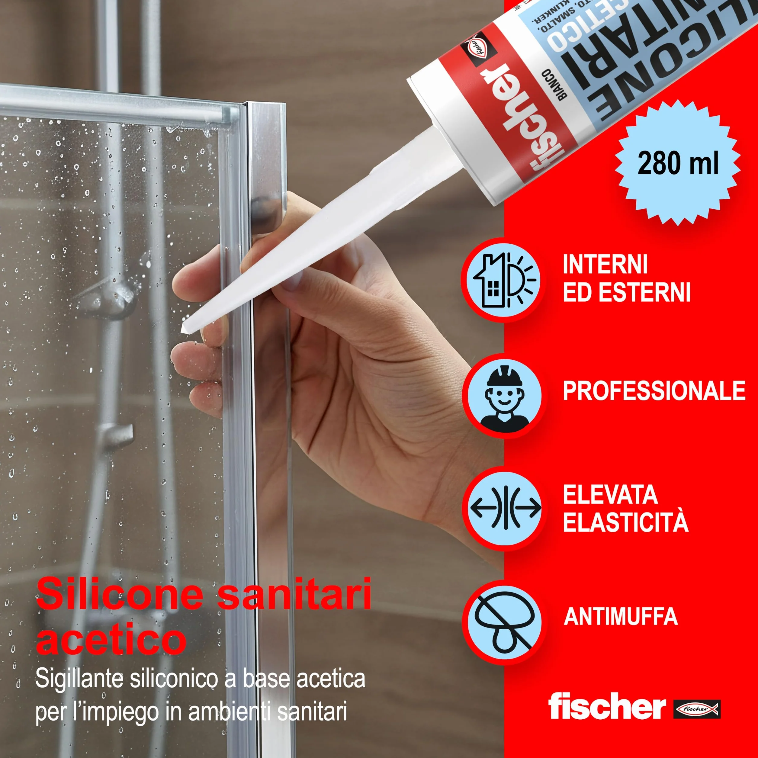 Fischer SAS Silicone Sigillante Antimuffa Acetico 9362 per Sanitari e Cucina