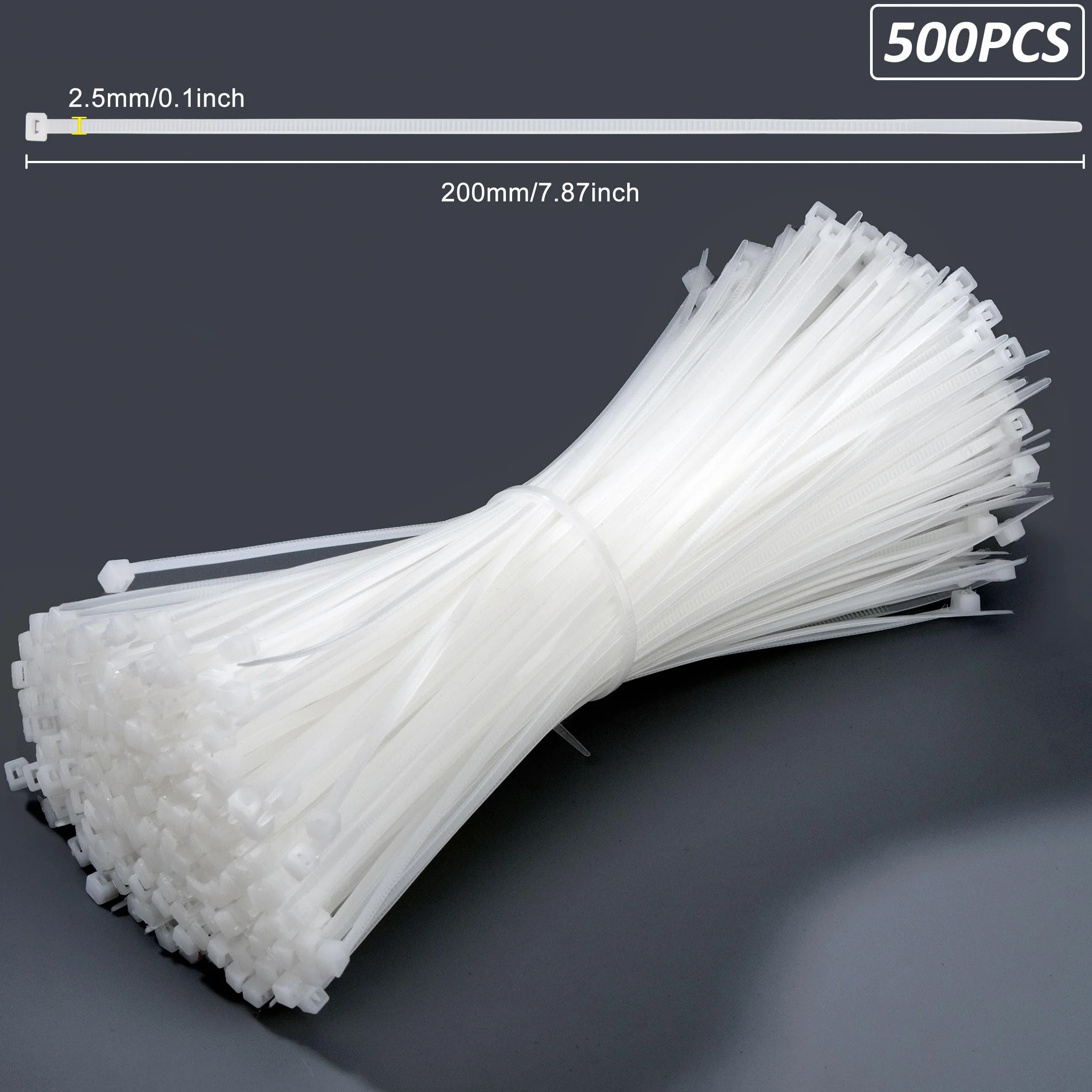 QIMEI-SHOP 500 Pezzi Fascette Plastica Bianche 200 mm x 2,5 mm Fascette Elettricista Lunghe Cavi Nylon per Cablaggio Cable Management Giardinaggio