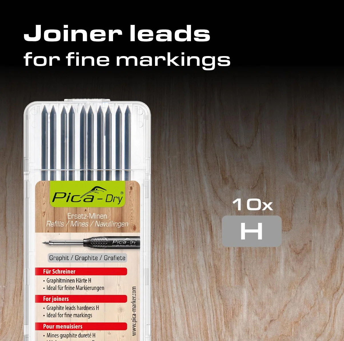Pica 4050 | Set da 10 mine di ricambio Dry 3030 | Ø 2,8 mm | Mina in grafite durezza speciale H per marcature fini e precise | Ideale per falegnami