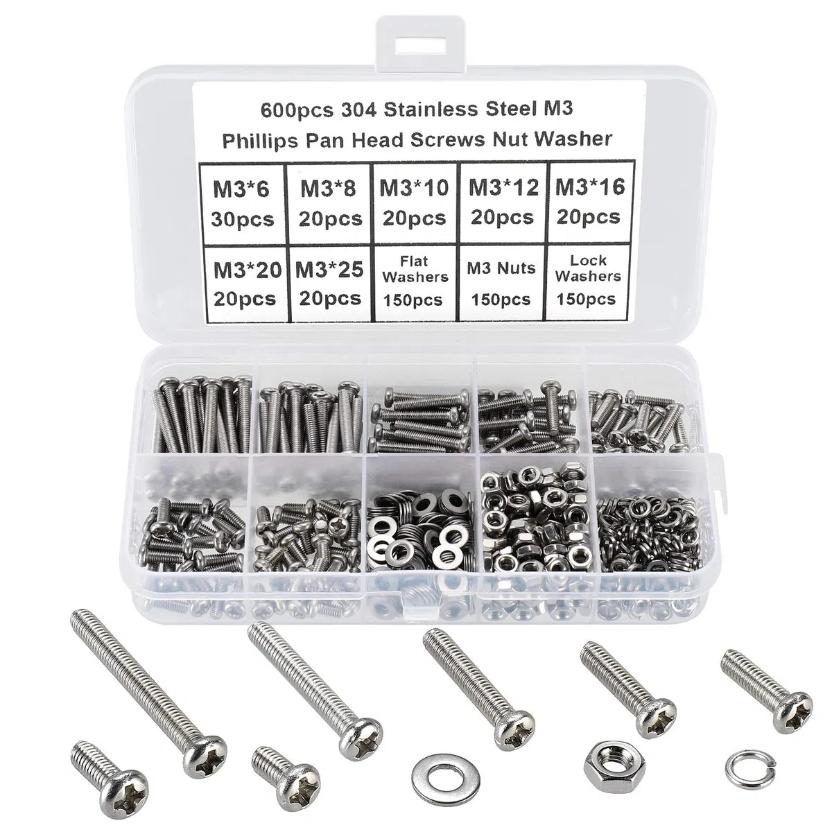 600 Pezzi M3 Kit di Bulloni e Dadi Rondelle con Rondelle di Bloccaggio,Viti a Testa Bombata con Phillips DIN 7985, Viti a Macchina Testa Tonda Completa Filettatura in Inox 304.