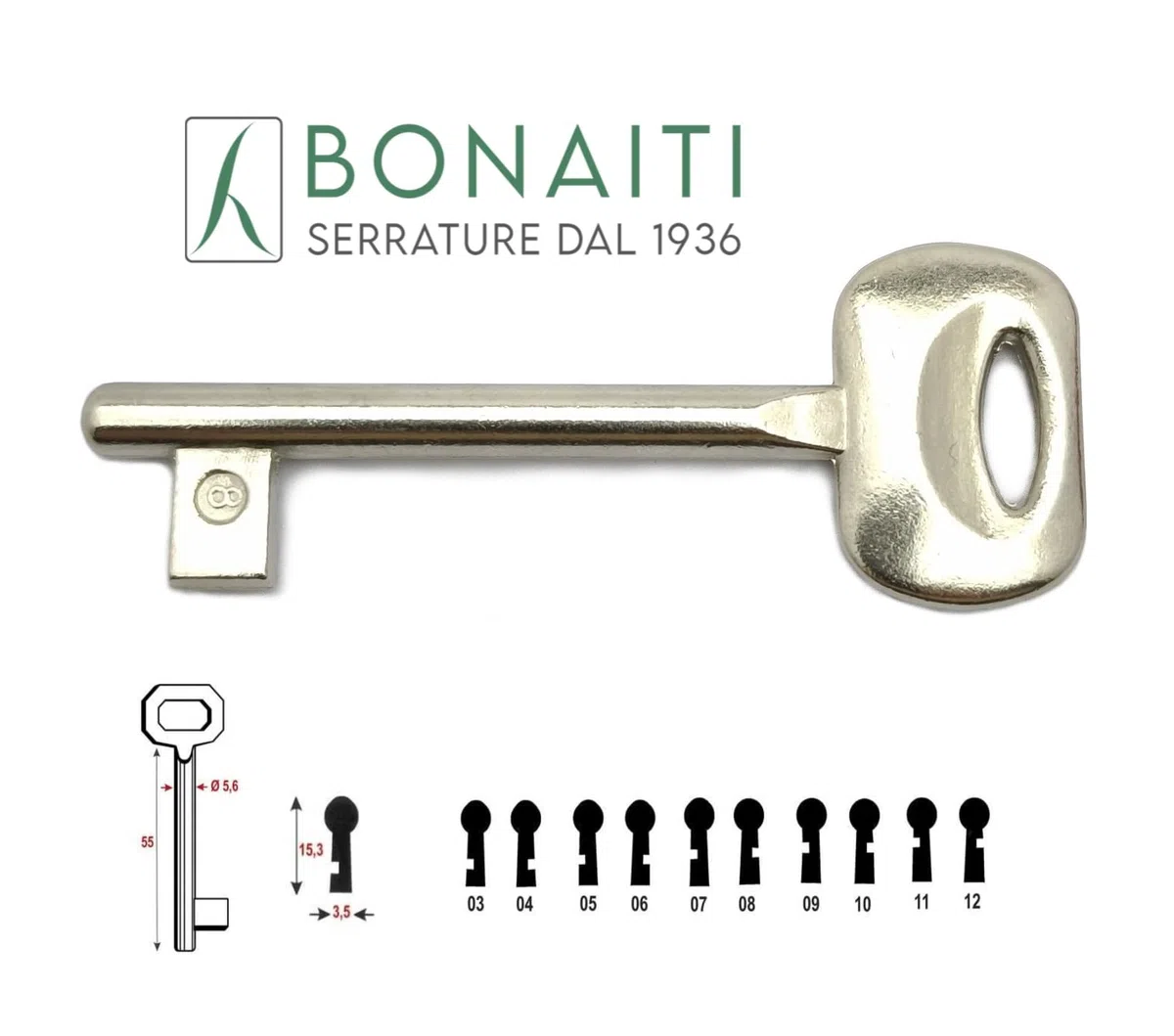 Chiave per serrature porte interne a incasso BONAITI. (NICHELATA, 8)