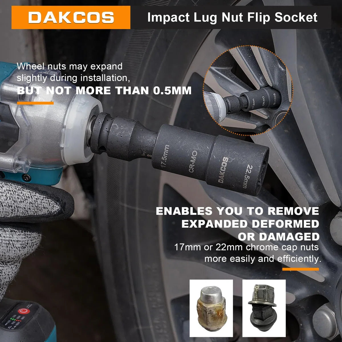 DAKCOS Chiave a bussola per dadi da 17,5 x 22,5 mm, per dadi ford, CR-MO, 1/2" per cerchioni in alluminio speciali per cambio ruota