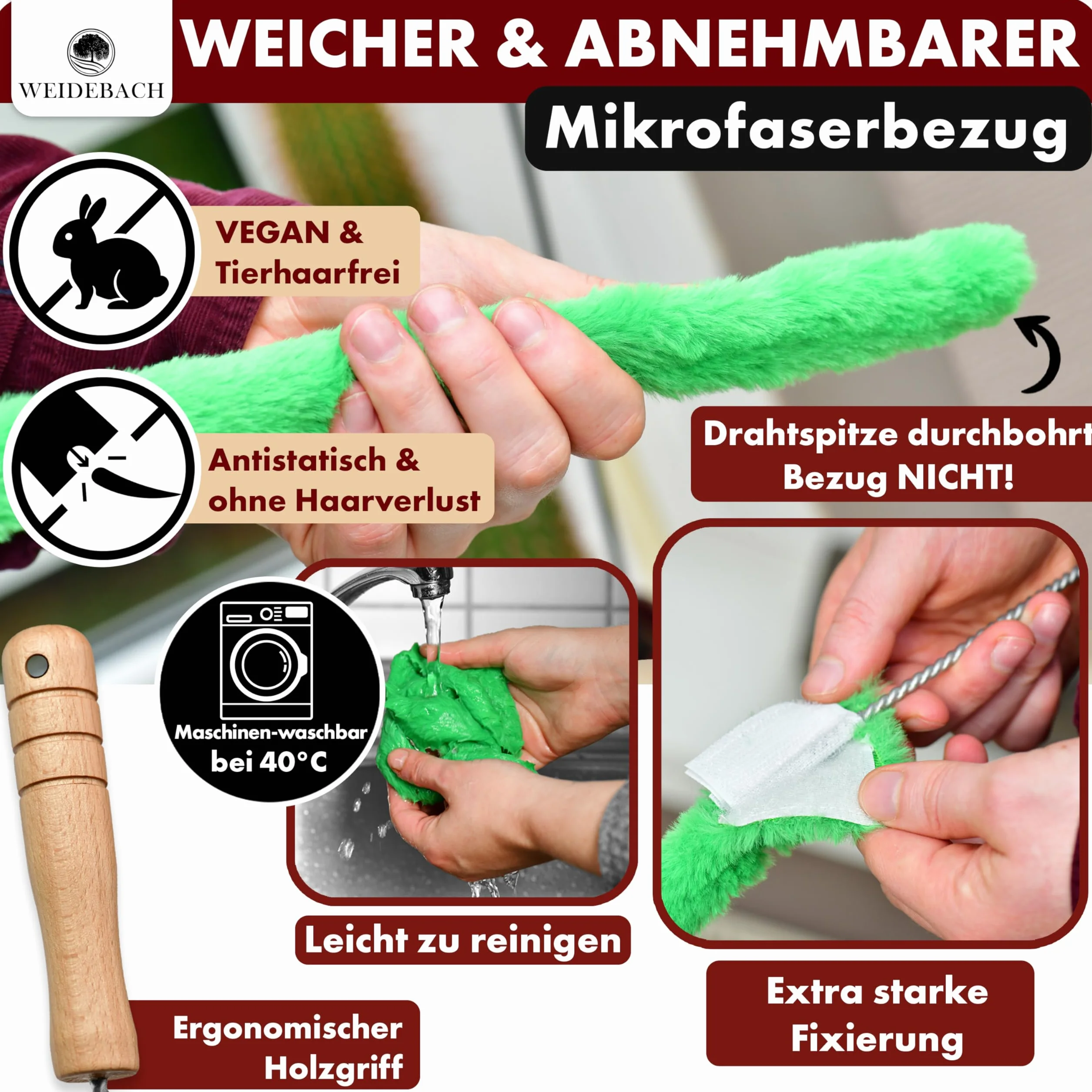 Weidebach Spazzola per radiatori V. 3.0, lunghezza totale 125 cm, spazzola in microfibra da 110 cm, per la pulizia del radiatore, senza peli di animali, spazzola per radiatori viene fornita in ogni