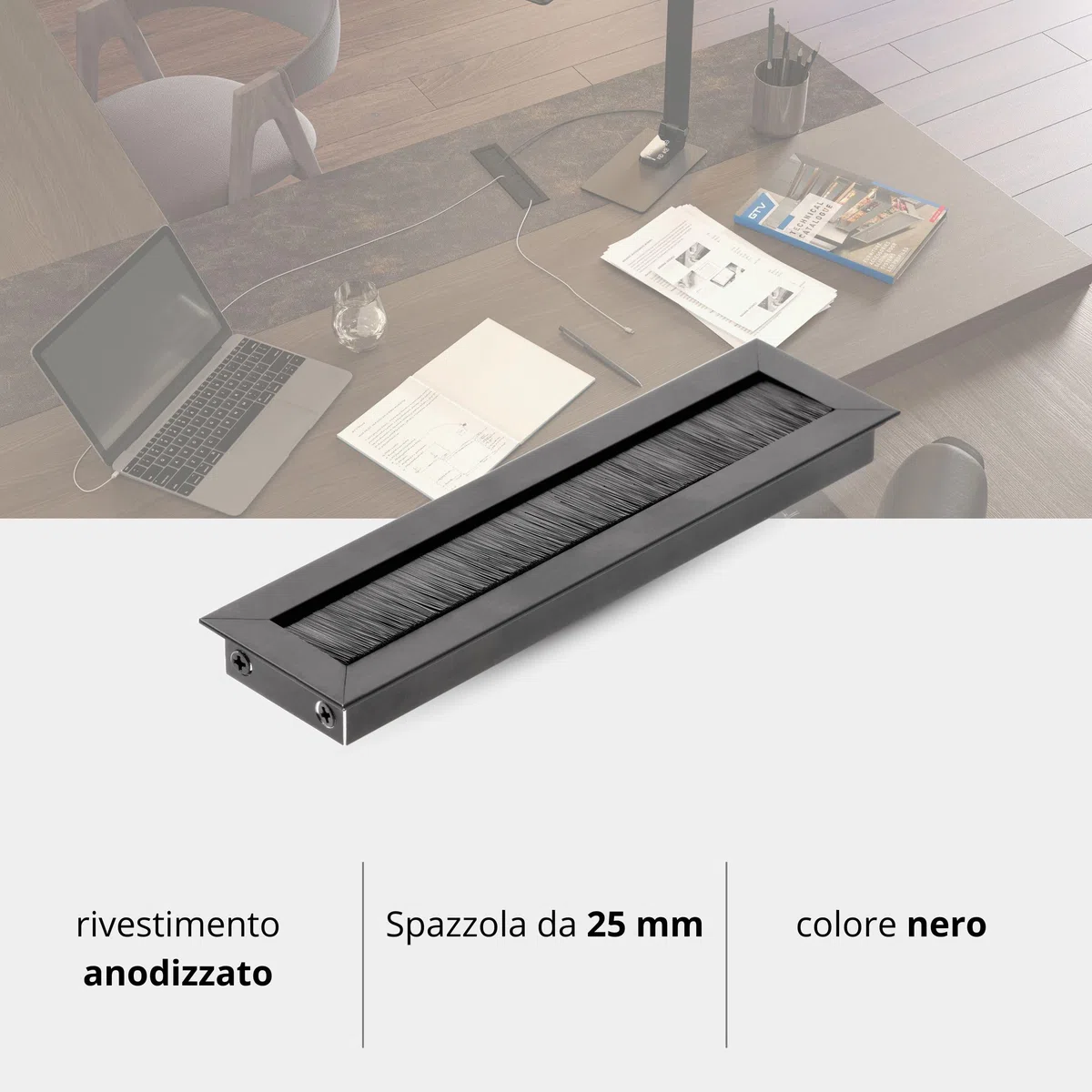 GTV - Passacavo Merida - ingresso e uscita cavi rettangolari, organizzazione per il passaggio dei cavi mobili/progettata per l'installazione sul piano di lavoro/nera
