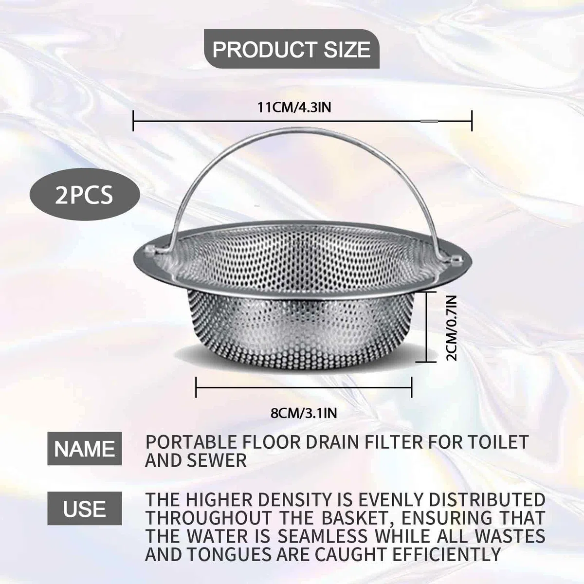 2 Pezzi Filtro Lavello Cucina Acciaio Inossidabile Filtro Lavello con Manico per Bagno Vasca Doccia Cucina Tappo di Scarico Trattiene Capelli Strainer（11 x 8 x 2 cm）