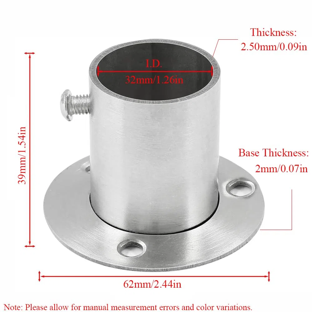 Set di 4 supporti con flangia da 32 mm, in acciaio inox, per fissaggio e stabilità del tubo