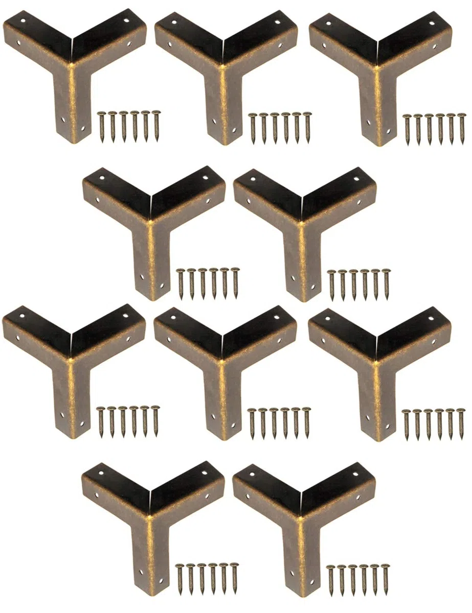 FUXXER® - 10 angoli per mobili antichi, accessori per la protezione dei bordi in metallo, per scatole, mobili, tavoli, ottone antico, effetto vintage, 32 x 32 mm